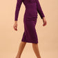 model is wearing diva catwalk cynthia long sleeve pencil dress with low v-neckline in Royal Purple front side