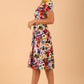 Model wearing a diva catwalk Iris Print Dress short sleeve swing skirt in Fusion Print Colour
