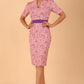 model wearing a diva catwalk Floella Jacquard Dress shor sleeves pencil dress in jacquard fabric in pink lavender with purple waistband contrast colour front 