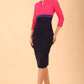 model wearing a diva catwalk Nadia 3/4 Sleeve Colour Block Dress 3/4 sleeve pencil dress exposed zip at the back in Navy blue, Fuchsia Pink and Orient Blue colour front