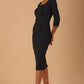 Model wearing diva catwalk Seed Divine Dress 3/4 sleeved knee length in slate grey colour