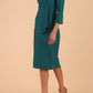 Model wearing diva catwalk Seed Orla Asymmetric Pencil Dress in Pacific Green front side