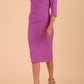 model is wearing diva catwalk seed axford pencil sleeved dress with rounded folded collar in Magenta Mist front