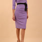 brunette model wearing diva catwalk luma pencil skirt dress with contrasting bow off shoulder with sleeves in lilac wisteria front