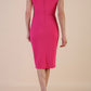 Model wearing Diva Catwalk Polly Rounded Neckline Pencil Cap Sleeve Dress with pleating across the tummy area in Fuchsia Pink