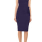 Model wearing diva catwalk Malvern Sleeveless  Pencil Wiggle Dress with tie detail at waist and shoulders in Navy Blue colour side front