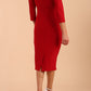 model is wearing diva catwalk polly sleeved pencil dress with low rounded neckline at the back in True Red back
