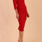 model is wearing diva catwalk polly sleeved pencil dress with low rounded neckline at the back in True Red front side