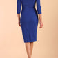 model is wearing diva catwalk polly sleeved pencil dress with low rounded neckline at the back in cobalt blue back