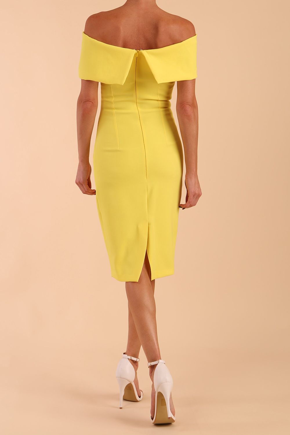model is wearing diva catwalk mariposa pencil dress with Detailed Bardot neckline with fold-over detail and pleated at waist area in Blazing Yellow back