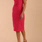 model is wearing diva catwalk mariposa pencil dress with Detailed Bardot neckline with fold-over detail and pleated at waist area in Fuchsia Pink front side