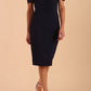 model is wearing diva catwalk mariposa pencil dress with Detailed Bardot neckline with fold-over detail and pleated at waist area in Navy Blue front 