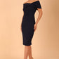  model is wearing diva catwalk mariposa pencil dress with Detailed Bardot neckline with fold-over detail and pleated at waist area in navy blue  front