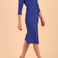 Model wearing diva catwalk Seed Andante Pencil Skirt Dress with 3/4 sleeve and bow detail at waistline in Monaco Blue front side
