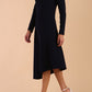 model is wearing diva catwalk dartington asymmetric skirt midaxi long sleeve dress with rounded pleated neckline a-line style in navy blue side