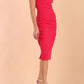 brunette model wearing diva catwalk lydia sleeveless pencil flattering fitted plain dress with split neckline and pleating across the body Virtual Pink front side