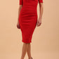 model is wearing Diva Catwalk Lydia Short Sleeve Pencil Dress with pleating across the tummy and split neckline in True Red front