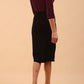 model is wearing diva catwalk contrast pencil dress with sleeve and asymmetric skirt detail in black and burgundy sparkle back