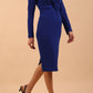 model is wearing diva catwalk gately pencil dress with long sleeves and twisted low v-neck in cobalt blue front
