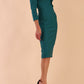 Model wearing diva catwalk Cyrus 3/4 Sleeve Pencil skirt Dress in Pacific Green side