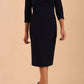 Model wearing DIVA Catwalk Peppard 3/4 Sleeve Pencil Dress in Cameo fabric knee length in navy blue colour front image