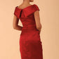 model is wearing diva catwalk casa blanca satin Haute Red pencil dress off shoulder design front