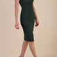 Model wearing Diva Catwalk Lydia Classic Sleeveless Bodycon Pencil Dress rounded neckline with slit in front in Deep Green