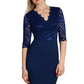 Model wearing the Diva Ivana Lace dress in pencil dress design in navy blue front image