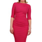 Model wearing the Diva Carlotta Pencil dress with pleat detail at the neckline and across the front in virtual pink front image
