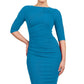 Model wearing the Diva Carlotta Pencil dress with pleat detail at the neckline and across the front in mosaic blue front image
