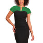 Model wearing the Diva Bryony Contrast dress with contrasting top and exposed zip at the back in black and emerald green front image