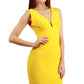 Model wearing the Diva Athens Short dress sleeveless with plunging neckline, semi square open back in empire yellow front image