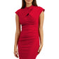 brunette model wearing diva catwalk beyonce pencil fitted dress with high neckline without sleeves with a wide band and pleating across the tummy area with a crossed detail neckline in rose red front