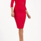 model wearing diva catwalk york pencil-skirt dress with sleeves and rounded folded collar and plearing across the tummy area in red colour front