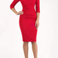 Model wearing the Diva Atlantis Pencil dress with three quarter length sleeves in true red and black front image
