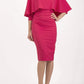 model wearing diva catwalk lizanne pencil-skirt dress with an attached wide cape detail and 3 4 sleeves in colour honeysuckle pink front