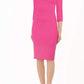 model wearing diva catwalk york pencil-skirt dress with sleeves and rounded folded collar and plearing across the tummy area in hibiscus pink colour front