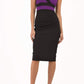 Model wearing the Diva Banbury Colour block dress with bust panels in contrast and pleating across the front in black and violet front image
