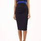 Model wearing the Diva Banbury Colour block dress with bust panels in contrast and pleating across the front in black and cobalt front image