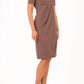 brunette model wearing diva catwalk tregony a-line dress with lowered v-neckline in brown and short sleeves front