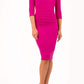 model is wearing diva catwalk polly sleeved pencil dress with low rounded neckline at the back in magenta haze front