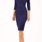 model is wearing diva catwalk eliza sleeved pencil dress with collared v-neck in navy blue front