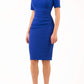model is wearing diva catwalk camille short sleeve pencil dress with folded rounded neckline in royal blue front