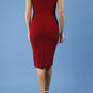 model is wearing diva catwalk carla pencil sleeveless dress in merlot red back