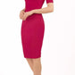 model is wearing diva catwalk lydia short sleeve pencil fitted dress in rose red colour with rounded neckline with a slit in the middle back