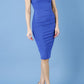 Model wearing the Diva Banbury gathered dress in bodycon pencil dress design in cobalt blue front