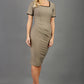 blonde model wearing seed albany contrasted pencil-skirt dress with short sleeves and pleating across the tummy with low square neckline and contrasted detail finishing in taupe brown front