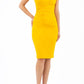 Model wearing Diva Catwalk Donna Short Sleeve Pencil Dress with a wide band and pleating across the tummy area in Saffron Yellow  front