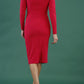 model is wearing diva catwalk cynthia long sleeve pencil dress with low v-neckline in honeysuckle pink back