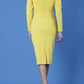 model is wearing diva catwalk cynthia long sleeve pencil dress with low v-neckline in freesia yellow back